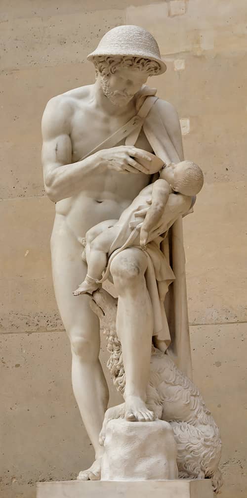 Forbas, el pastor que rescata y salva la vida del lactante Edipo y lo entrega finalmente a Pólibo de Corinto. Escultura de Antoine-Denis Chaudet. (Wikipedia).